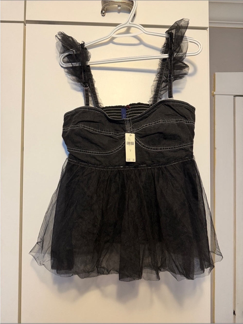 Pilcro Black Denim & Tulle Tank Top